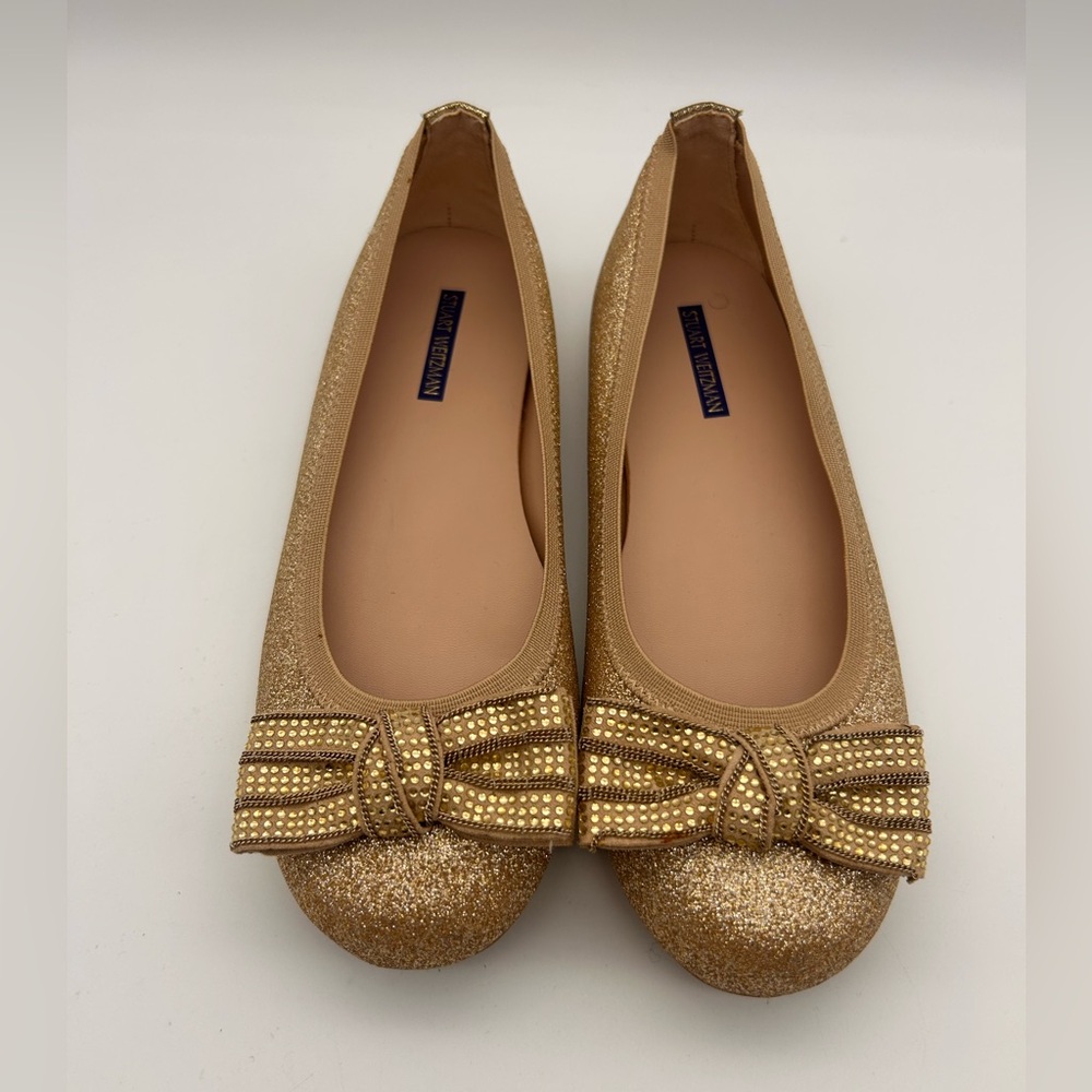 Stuart Weitzman Fannie Gold Glitter Bow Flats Slip On Big Girl Size 3 Champagne